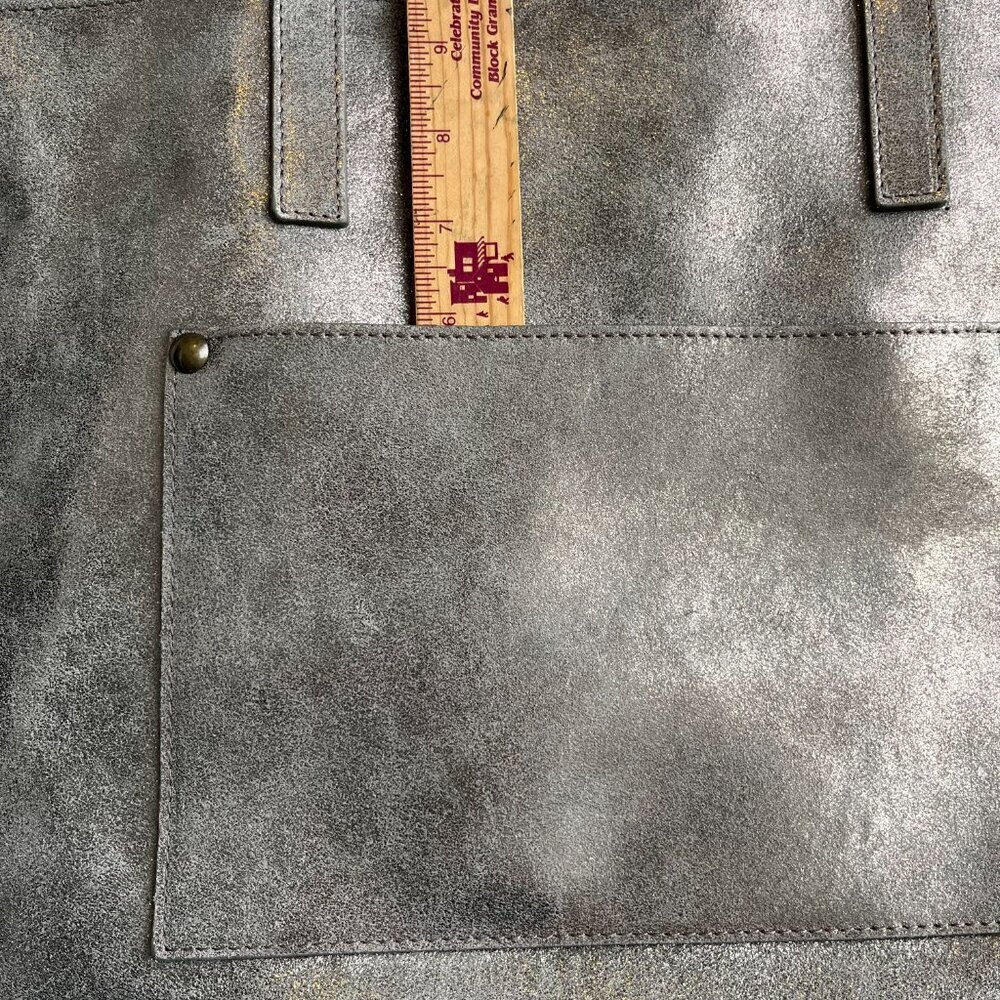 Garnet Hill Leather Tote Functional Pockets Suede Interior Shimmering Gray - Picture 5 of 12
